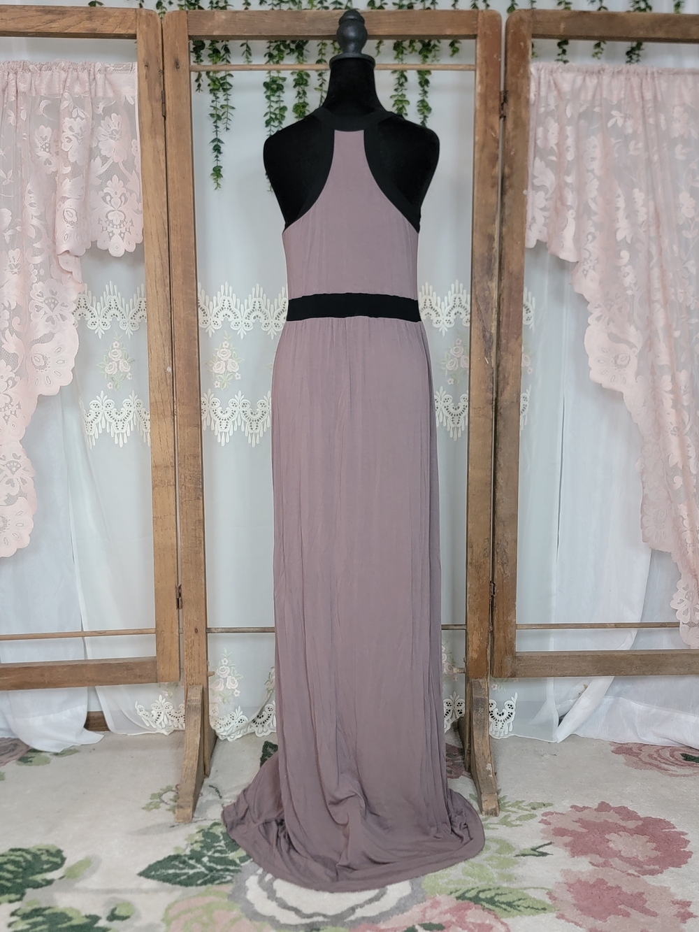 Athleta Maxi Dress XL Tall Mauve Black Built-In Bra Racerback Travel Lounge - Picture 6 of 8